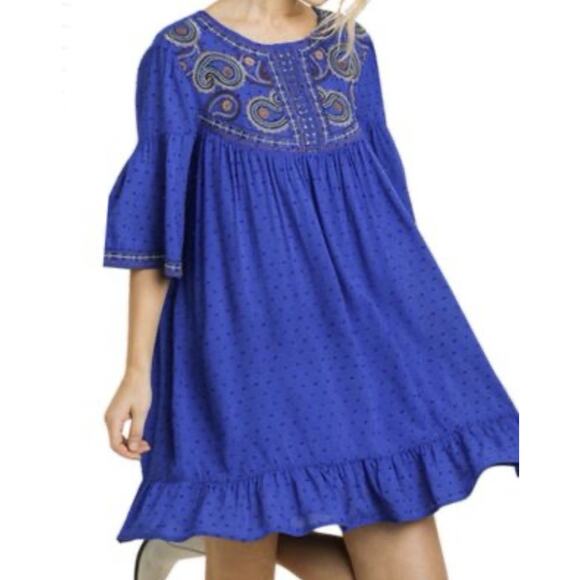 Umgee Dresses & Skirts - Umgee Small Blue Women's Paisley Embroidered Bell Sleeve Mini Dress Bohemian